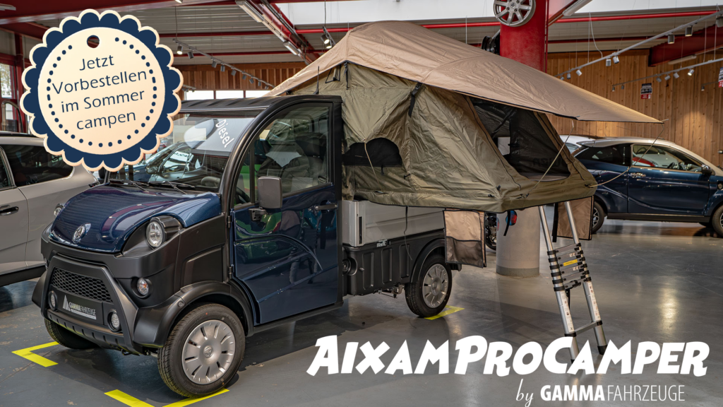 Der Aixam Pro Camper, ein Aixam D-Truck mit Klappzelt über der Ladefläche. Perfekt für Mikrocamping